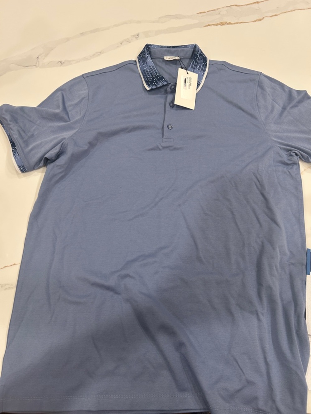Men's Blue Polo Shirt with Patterned Contrast Collar